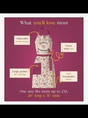 BAKING KITCHEN APRON WATERPROOF ADJUSTABLE HAPPINESS IS HOMEMADE ONE SIZE